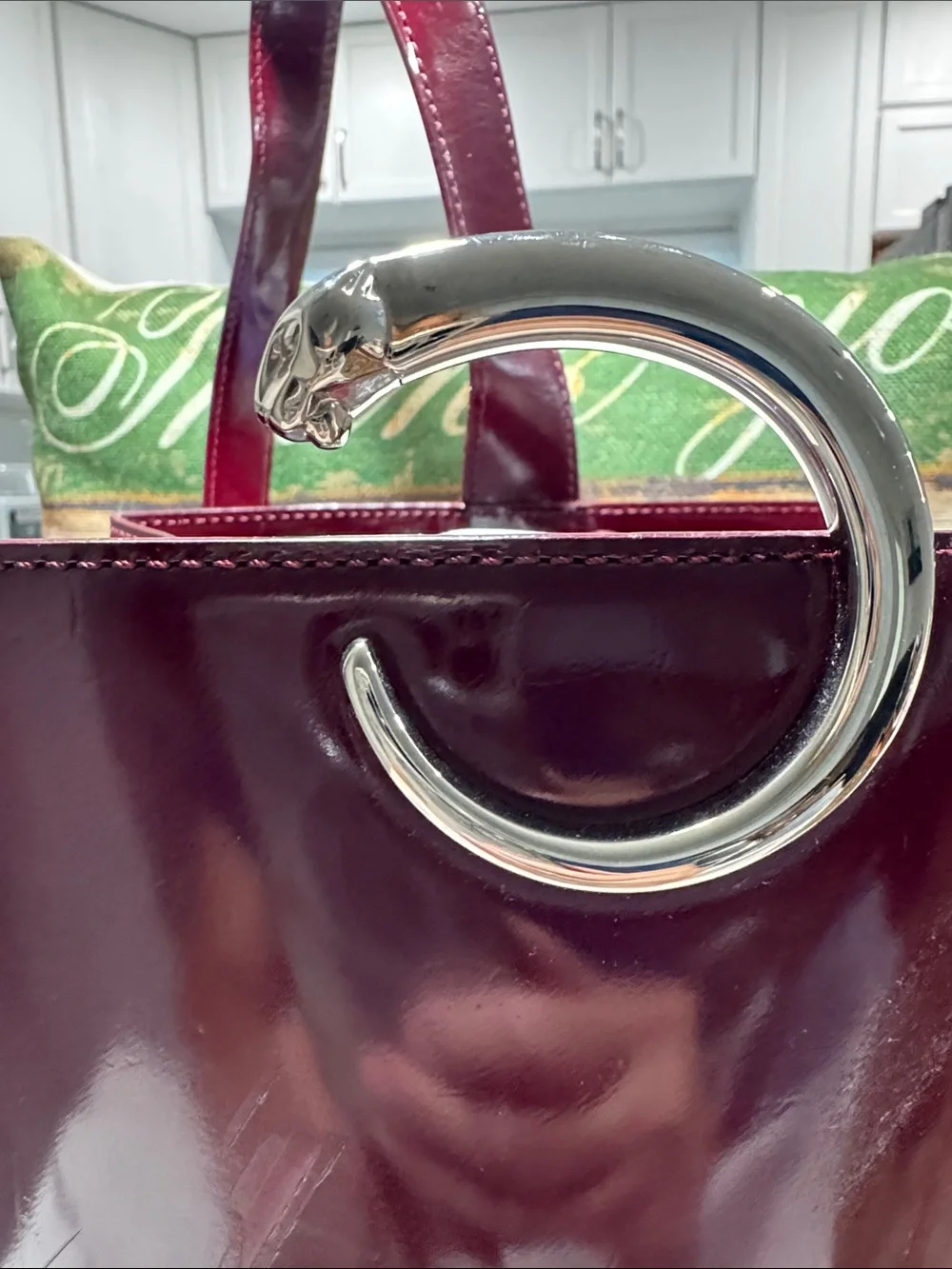 Cartier Panthere Glossy Wine Red Patent Tote with Silver C-Ring Accent